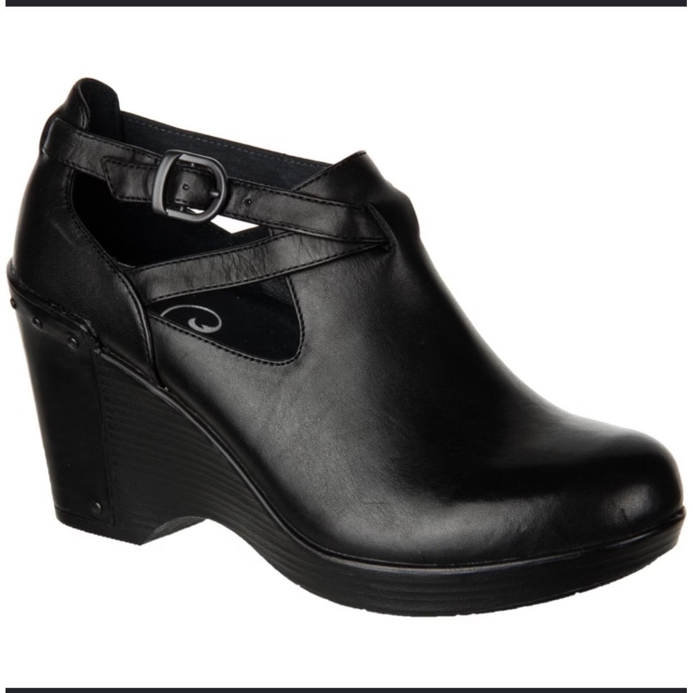 Dansko | Black Leather Cutout Buckle Strap Platform Wedge Booties Shoes, Size 38